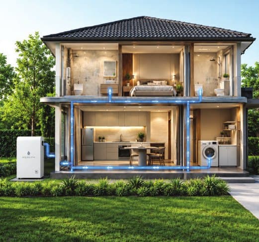 Cutaway of a home showing filtered water reaching the kitchen, bathroom and laundry from one inlet system