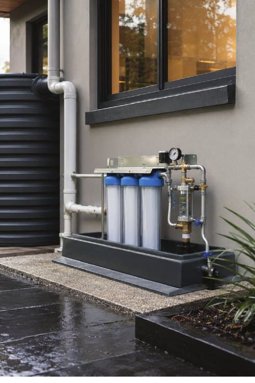 Three-stage filter housings and gauge installed outside a home
