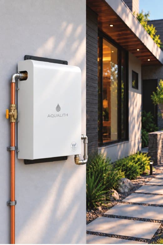Finished Aquaridge installation on a rendered wall beside a garden path